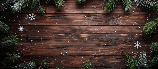 Poster - Flat lay top view of a rustic brown wooden background adorned with Christmas tree twigs and snowflakes creating a festive scene with copy space image