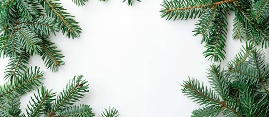 Poster - Christmas fir tree branches in green against a white backdrop with copy space image