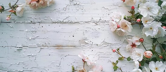 Poster - Sleek mockup for showcasing art with a white rustic backdrop featuring flowers and space for advertising or publicity text in the image. with copy space image. Place for adding text or design