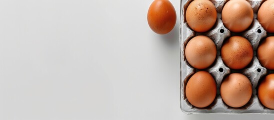 Poster - Closeup of a holder with fresh chicken eggs on a white background with copy space image