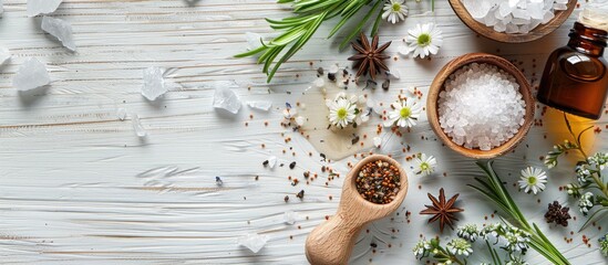 Poster - Wide banner featuring natural cosmetics backdrop with a massage brush sea salt herbs and an essential oil bottle perfect for adding text or images. with copy space image