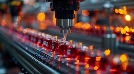 Poster - a robotic arm fills glass containers with a red liquid on a conveyor belt in a factory setting.