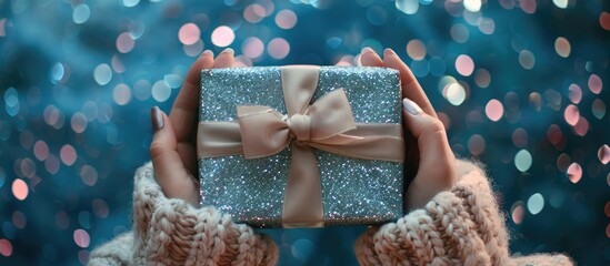 Aufkleber - Women s hands hold a gift wrapped and adorned with a bow on a blue backdrop with silver sequins perfect for a copy space image