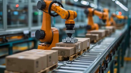 Poster - A robotic arm in a high-tech factory places a box onto a conveyor belt, showcasing automated production of robotic systems.