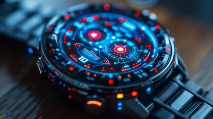 Poster - Close-up of a futuristic smartwatch featuring a detailed digital display with red and blue lights.