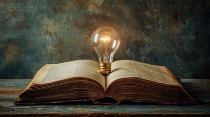 Wall Mural - book with light bulb on vintage background inspiring idea for reading learning and innovation