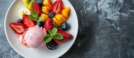 Aufkleber - A white plate with crape topped with assorted tropical fruit accompanied by strawberry ice cream all against a copy space image