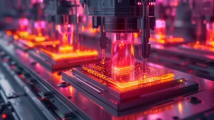 Poster - a close-up view of an automated laboratory process, showcasing a red liquid being dispensed into a t