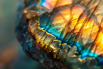 Wall Mural - A close-up of a labradorite gemstone showing its iridescent play of colors in the light, 