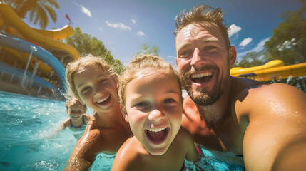 A man and two children are in a pool, smiling and having fun