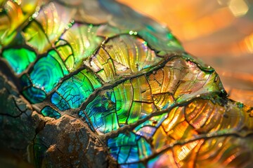 Wall Mural - A close-up of a stunning ammolite fossil, showcasing its iridescent rainbow colors