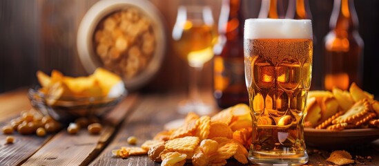 Aufkleber - Wooden table with lager beer and snacks creating the perfect backdrop for a copy space image