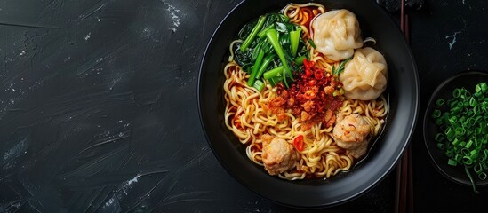 Aufkleber - Indonesian popular food Mie Ayam Pangsit featuring noodles with chicken dumplings and veggies in a bowl viewed from the top with copy space image