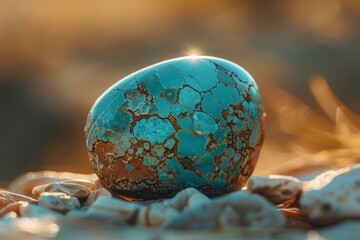 Wall Mural - A macro shot of a turquoise stone, showcasing its vibrant blue-green color and natural veining, 