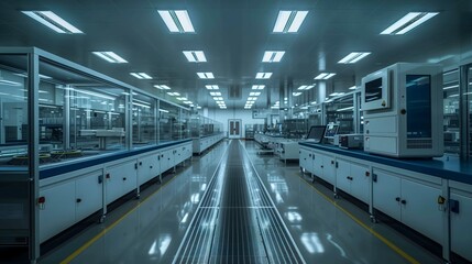 Wall Mural - A long shot of a high-tech laboratory at Costaposta with automated systems lining the walls and a central walkway.