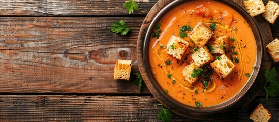 Aufkleber - Tomato cream soup with croutons in a bowl on a wooden surface perfect for adding text in the copy space image