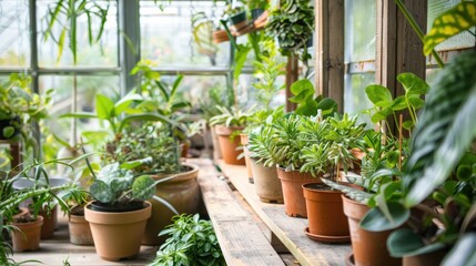 Sticker - Cultivating attractive green indoor plants in pots in a greenhouse