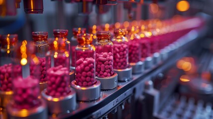 Poster - a close-up view of a pharmaceutical production line where pills are being filled into glass bottles.