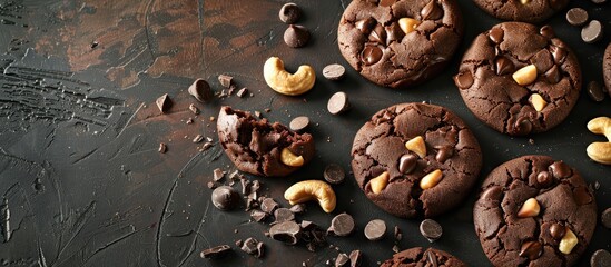 Wall Mural - Chocolate cookies with cashew nuts displayed on a vintage dark concrete table showcasing clear space for an image. with copy space image. Place for adding text or design