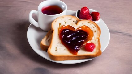 Canvas Print -  A heartshaped toast with jam and berries accompanied by a cup of tea on a white plate