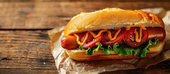 Poster - Close up image of a delicious hot dog on a wooden table with copy space image available