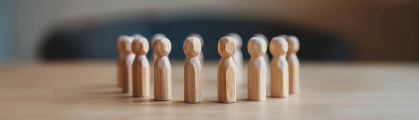 Poster - A group of minimalist wooden human figures arranged in a circle on a wooden surface, symbolizing community, teamwork, and unity.