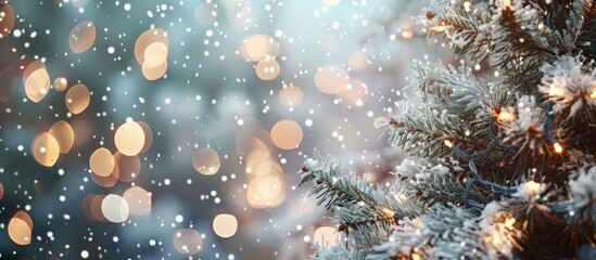 Poster - Winter holiday backdrop with sparkling lights and a Christmas tree in close up featuring text space image. with copy space image. Place for adding text or design