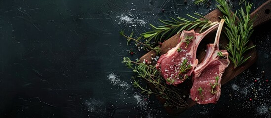 Fototapete - Top down view of a raw lamb chop on a butcher board garnished with rosemary and thyme against a dark backdrop with a spacious area for additional content or text like a copy space image