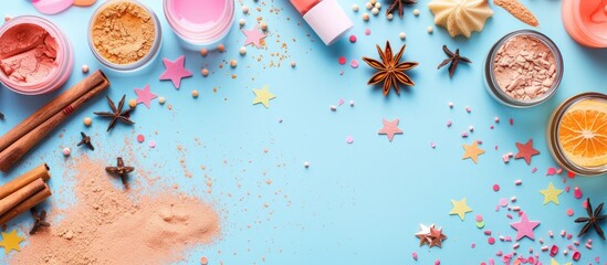 Poster - Colorful background with cosmetic products cinnamon sticks powder and anise stars creating a visually appealing copy space image