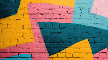 Wall Mural - Vibrant abstract graffiti art painted on a brick wall with bold, colorful shapes in pink, blue, yellow, and teal creating a dynamic and urban aesthetic.