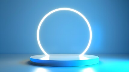 minimalist neon circle on a white platform against a blue background. modern and futuristic design w