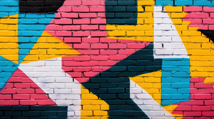 Poster - Vibrant geometric street art mural on a brick wall featuring bold colors and abstract shapes, showcasing urban creativity and colorful graffiti design.