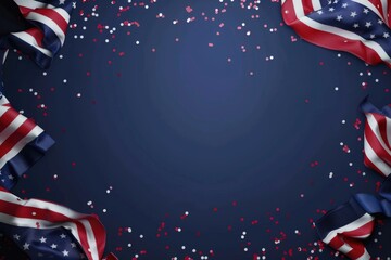 An american flag border frame with confetti on dark blue background.