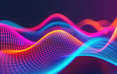 Poster - Vibrant abstract digital wave with neon colors and grid lines on a dark background, showcasing modern technology and design in a dynamic flow.