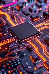 Poster - Close-up view of a computer microchip on a motherboard with glowing circuits. Perfect for technology, computing, and electronics themes.
