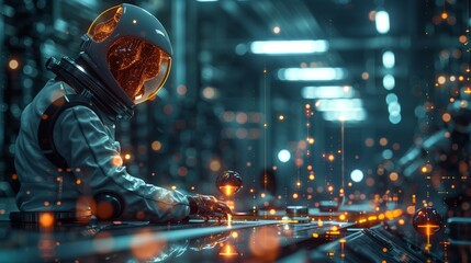 Poster - An astronaut in a futuristic space station controls nanobots with glowing, intricate movements, creating a mesmerizing display of technology.