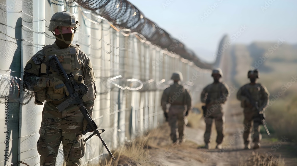Military guards with weapons stand along the border with barbed wire ...