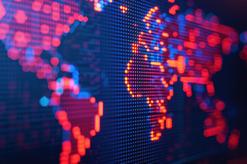 Poster - Glowing digital world map with holographic data points in red and blue, depicting global technology and connectivity trends.