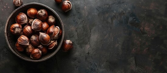 Aufkleber - Chestnuts cooked and crispy against a dark backdrop perfect for snacking with room for text or a logo in the image. with copy space image. Place for adding text or design