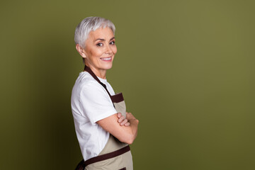 Sticker - Profile photo of charming positive woman wear apron serving coffee arms folded empty space isolated khaki color background