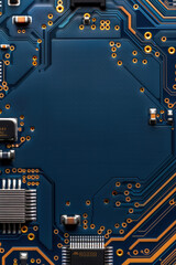 Poster - Close-up of a blue computer motherboard with intricate circuits and components, illustrating advanced technology and modern electronics.