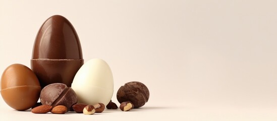 Poster - White background with an egg featuring a chocolate surprise hazelnuts and three other eggs providing ample copy space image