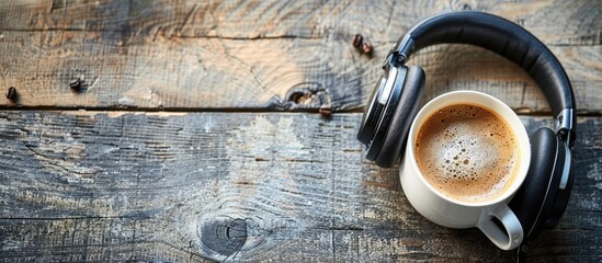 Poster - Coffee cup beside headphones on a wooden desk with copy space image