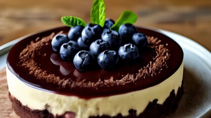 Canvas Print -  Deliciously decadent chocolate cake with fresh blueberries and mint