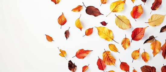 Wall Mural - Multicolored autumn leaves isolated on a white background with a falling orange leaf top view with copy space image for an autumn themed backdrop