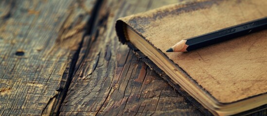 Wall Mural - Vintage toned background with a wooden surface showcasing a notebook and a black pencil offering ample copy space for images