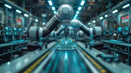 Poster - multiple robotic arms are working on a conveyor belt in a high-tech lab, showcasing automated assemb