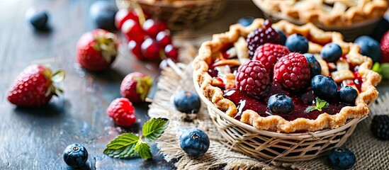 Poster - A vintage style home dessert featuring pies in a basket filled with jam berries and fruit with copy space for text and a selective focus on the image