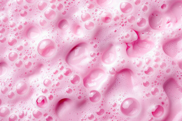 Poster - Close-up of pink bubbly soap texture, showcasing frothy surface with numerous bubbles. Perfect for backgrounds, beauty, skincare, or calming themes.