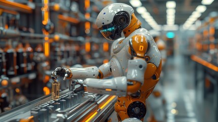 Poster - a futuristic robot operates on an assembly line in a modern factory, demonstrating the impact of rob